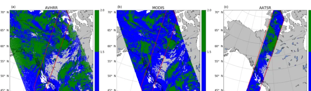 Figure 5. CER retrieval values for study area NA2 with data from AVHRR (a), MODIS (b), and AATSR (c).