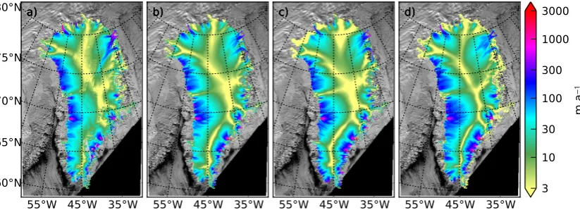 Fig. 1. Measured and modeled horizontal surface speeds.hindcast. (a) SAR (Joughin et al., 2010)