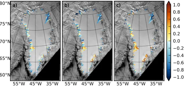 Fig. 2. Relative difference in ice thickness (model-observation)/observation. (a) “constant-climate” hindcast