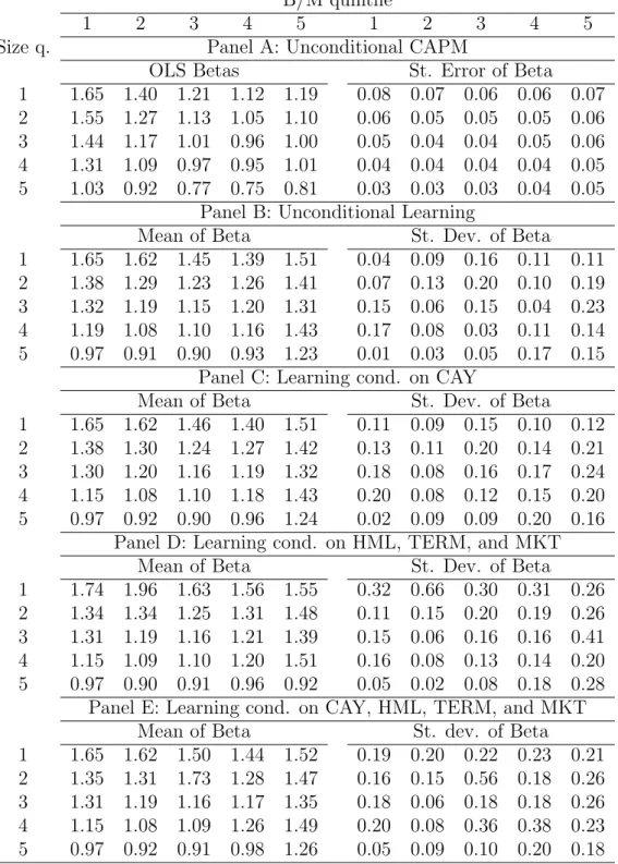 Table 2: Summary Statistics for Betas. Panel A reports the estimates of beta and their standard errors from time-series regressions of portfolio excess returns on the value-weighted market index