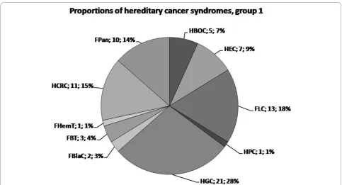 Figure 2 The reciprocal proportions of hereditary cancer syndromes within group 1. Abbreviations of the syndromes are followed byabsolute number of identified probands with the corresponding diagnosis and the proportion within the group 1