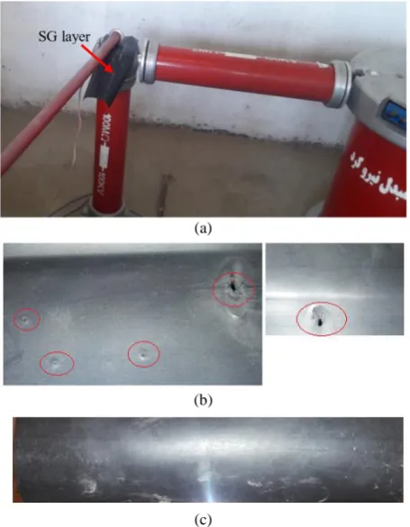Fig. 7 Results of AC breakdown test for two kinds of SG tube; a) Test setup for investigating voltage breakdown of SG tube (dimension of the tested samples are 10 cm × 20 cm), b) Case 1: Punctures in 2.5 kV-3.5 kV-the test is done several times, and c)  Ca