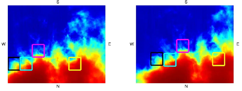 Fig. 4. Automatic detection of cloud patches movement. 40 × 40 pixels blocks with high standard deviation values on the left image aretracked using spatial correlation on the right image