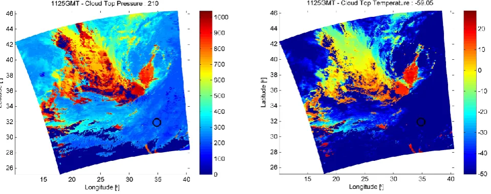 Fig. 11. MODIS cloud top pressure (210 hPa) and temperature (circle at (34.79−59.05 ◦C) products