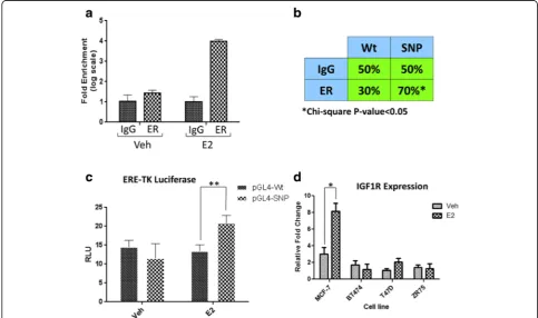 Fig. 2 The location of rs62022087 in genome and ER ChIP-binding sites. a Schematic view of DSV genomic position in IGF1R gene