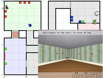 Figure 1: “red closest to the chair in front of you”