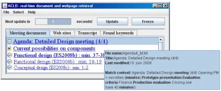 Figure 1: Unobtrusive UI displaying document results.Hovering the mouse over a result (here, the most relevantone) displays a pop-up window with more informationabout it.