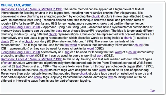 Figure 2: Example of a summary generated by our system. We can see that the clusters are cross cutting acrossdifferent papers, thus giving the user a multi-document summary.