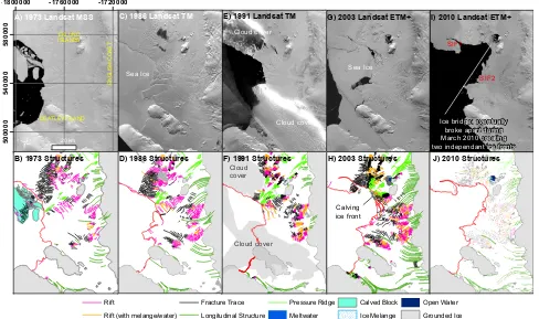 Fig. 5. Structural evolution at the south ice front illustrating widespread rifting lee side of the Eklund Islands and the English Coast