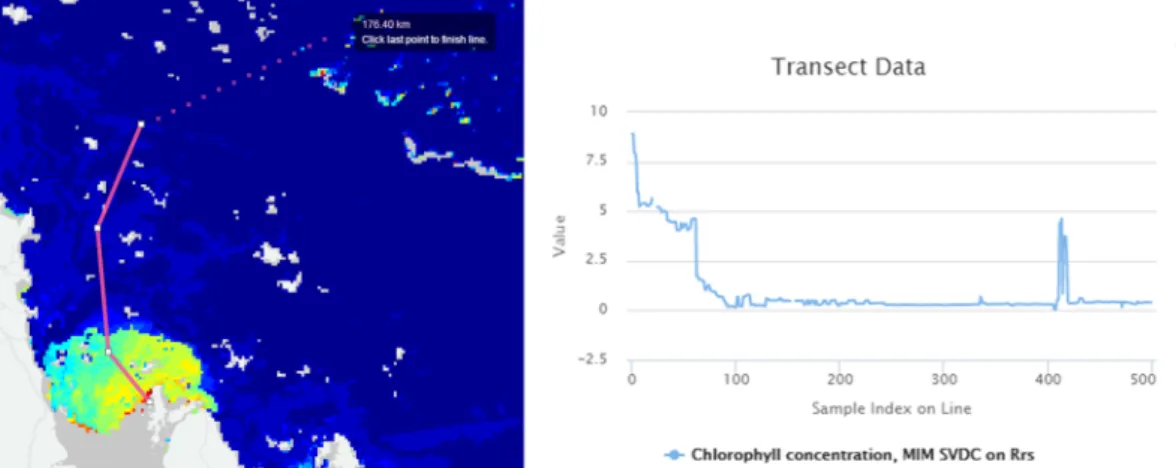 Figure 3. a) Defining a transect for Chlorophyll-a concentration; b) Data chart for defined transect