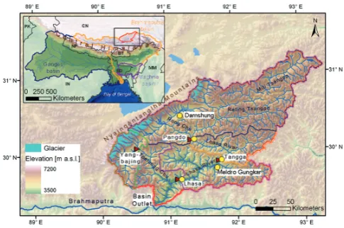 Fig. 1. Location of the Lhasa River basin in the central Himalayaand basin characteristics
