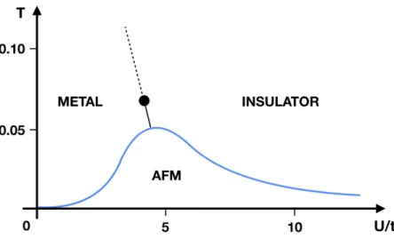 Figure 1.4: Sketch of the magnetic phase diagram of the Hubbard model as function of temperature T and of the intensity of the Hubbard interaction U /t inspired by DMFT calculations [27–29]