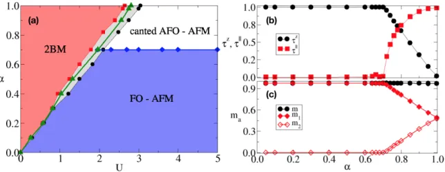 Figure 2.3: Panel (a): magnetic phase diagram in the α-U plane of the model in Fig. 2.1 (a).