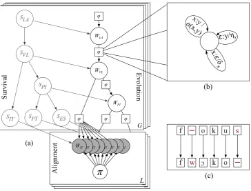 Figure 1: (a) The process by which cognate words are generated. Here, we show the derivation of Romance language wordsℓalignment produced by an edit distance between the Latin word from their respective Latin ancestor, parameterized by transformations ϕℓ a