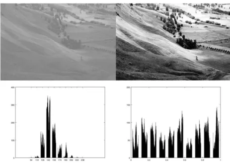 Slika 2.10: Levo zgoraj: slika s slabim kontrastom. Levo spodaj: histogram slike s slabim kontrastom