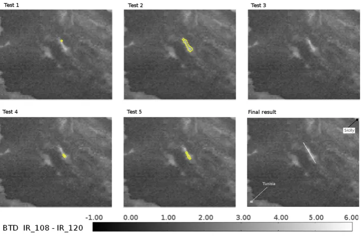 Fig. 9. Test 1–Test 5: Background, BTD image (in K). Enclosed in yellow, guide points found in each test