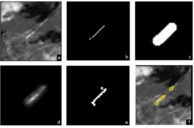 Fig. 11.Fig. 011. Process of selecting the contrail pixels. (a) Original BTD image. (b) Line from Step I