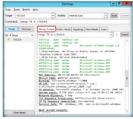 FIGURE 6.7: The Zenmap main window with the Ports/Hosts tab for Intense Scan