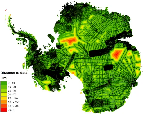 Figure 3, Primary data coverage (black lines) and nearness to ice thickness data. 