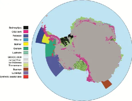 Figure 6, Coverage of bathymetry and rock outcrop datasets used in the construction of the bed elevation grid