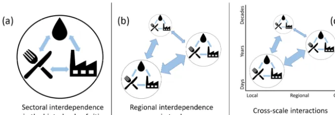 Figure 1. Complex dynamics within the global food system that lead to emergent water use patterns.resources within the food–water–energy nexus;security; (a) Sectoral interdependence in water (b) regional interdependence in water resources owing to the impo