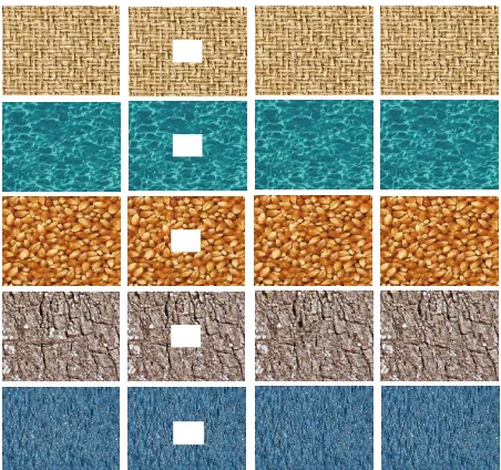Figure 4(a). Region completion output for textures to fill up the distorted region: Category-1; Column 1: Input image;  Column 2: Image with a  hole of size 64Reconstructed image using Wavelet transform (Column 3)  and Contourlet transform (Column 4) ‘Mat’