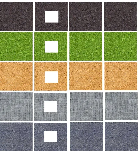 Figure 5(a). Region completion output for textures ‘Reconstructed image using Wavelet transform (Column 3)  and Contourlet transform (Column 4)‘Mat’, Wave’, ‘Corn’, ‘Bark’ and  ‘Bluebay’
