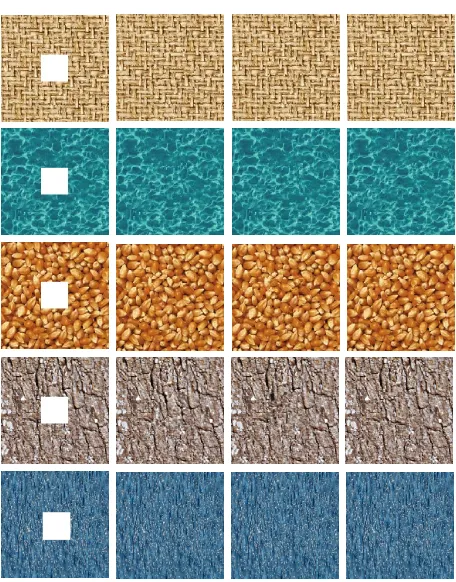 Figure 8. Region completion output for textures to fill up the distorted region: Category-2; Column 1: Image with a hole of size 100Efros and Freeman method (Column 2), Wavelet transform ‘Mat’, ‘Wave’, ‘Corn’, ‘Bark’ and  ‘Bluebay’