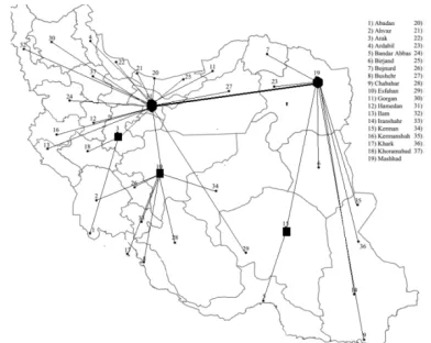 Figure 3 . The map for IAD with n = 37, 17 and 10 number of potential nodes for hubs and central hubs, respectively