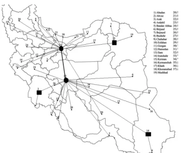 Figure 5  . Grafical Veiw of hubs and central hubs locations in the SA-TH-HM, with IAD data, when β=2990, (α,,ˆ,ˆ)HαCαHαC= (.9,.8,.9,.8) and PC=2