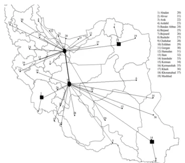 Figure 7.   Grafical Veiw of hubs and central hubs locations in the SA-TH-HM, with IAD data, when β=2990, (α,,ˆ,ˆ)HαCαHαC= (.9,.9,.9,.9) andPC=2
