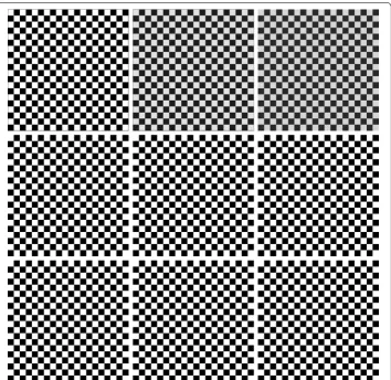 Table 1 SNR of the decompressed images for the Chessboard test example at compression ratioρ = 4,9,16,25,36 and for bi-linear, bi-cubic, bi-spline, Shepard (s = 4,6), Gα,4M,N, Gα,6M,N operators,α = 1.1,1.3,2,3,5,10