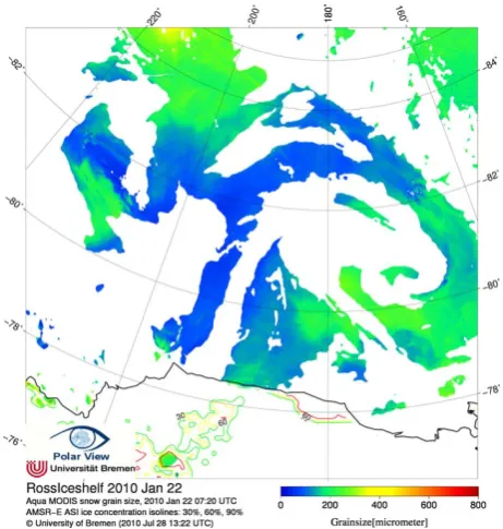 Figure 5. Snow grain size retrieval example on the Ross ice shelf as provided in near real time