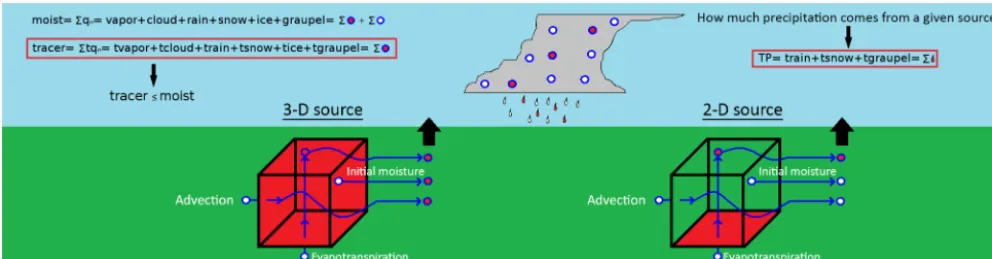 Figure 1. Sketch representing the fundamentals of the moisture tracers method, including the tagging of 3-D and 2-D moisture sources.