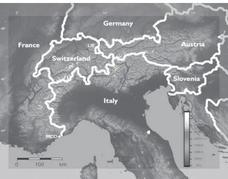 Fig. 1 The Alpine region and the 8 countries sharing territory within it