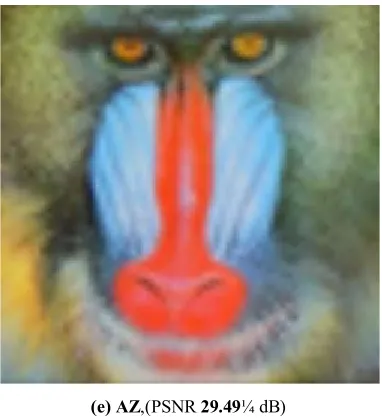 Figure 10. (a) Original image and Results of the color images zooming by factor 4 using (b) Proposed method, (c) CIM, (d) LAZ, (e) BILI, (f) AZ