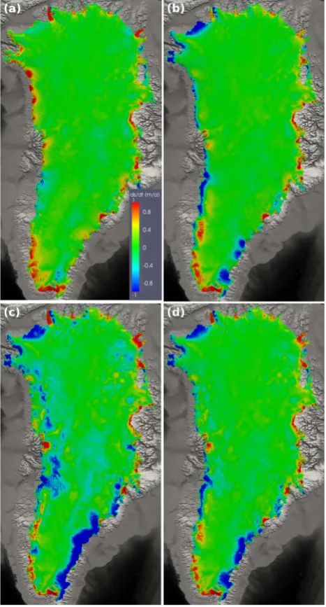 Fig. 9. Free surface elevation rate of change after 10 yr for experi-ments (a) C1 BF1, (b) C2 BF1, (c) C2 BF2, and (d) C2 BF3.