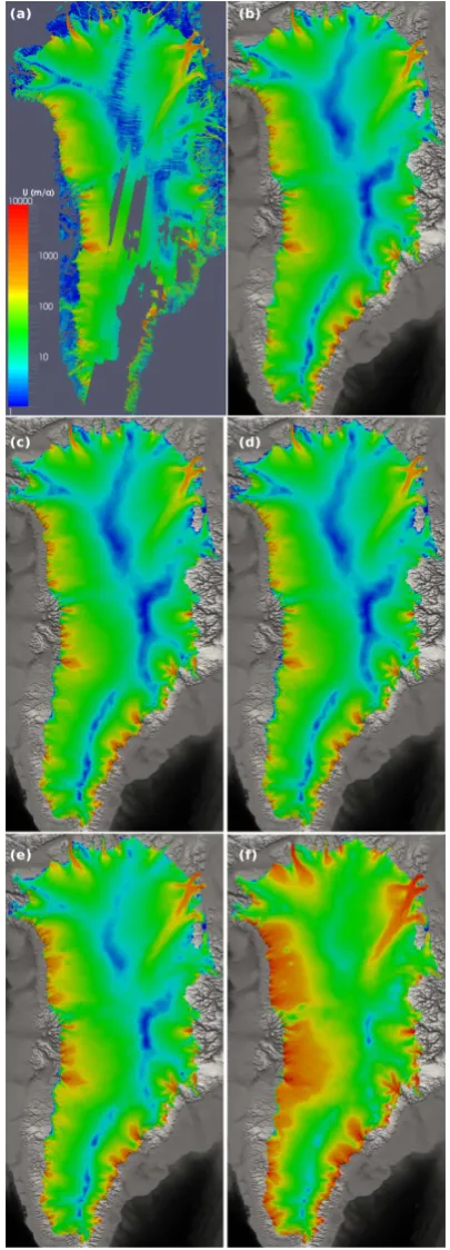 Fig. 1. GrIS surface velocities. (a) Observed surface velocitieson the original regular 500m × 500m grid; Computed surface ve-locities: (b) after relaxation; after one century for (c) experimentC1 BF1, (d) experiment C2 BF1, (e) experiment C2 BF2 and (f)experiment C2 BF3.