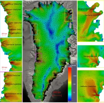 Fig. 2. Unstructured ﬁnite element mesh and model surface velocities after optimisation of the basal friction coefﬁcient with the Robininverse method