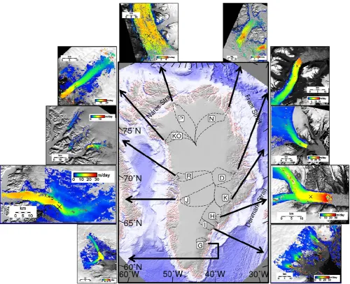 Fig. 1. Outlet glacier catchments. D = Daugaard-Jensen, K = Kangerdlugssuaq, H = Helheim, I = Ikertivaq, G = Gyldenlove, J = JakobshavnIsbræ, R = Rink Isbræ (including Umiamako and Ingia Isbræ), KO = Kong Oscar, P = Petermann, N = Nioghalvfjerdsbrae