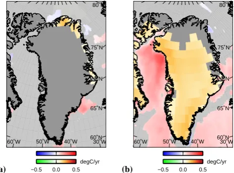 Fig. 3. Linear trend in temperature over the periodsandERA-Interim summer (June–August) mean 2 m air temperatures.Over ocean: OISST summer (July–September) sea surface tempera-tures