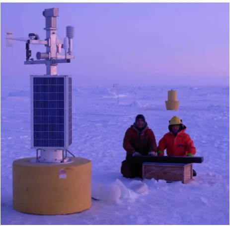 Fig. 6. Photograph of the O-buoy, solar panel array, and lead-acidbattery box as deployed on the Beaufort Sea
