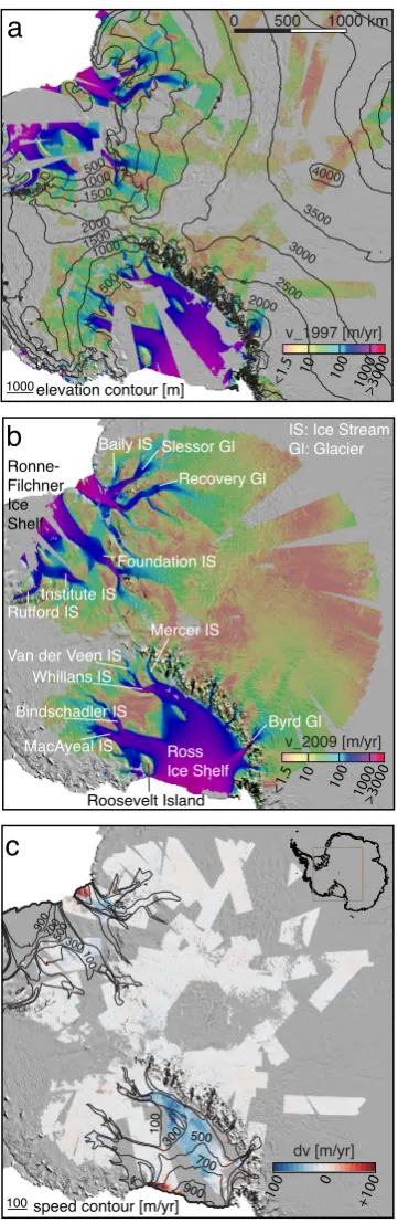 Fig. 1c reveals many interesting features. Most notable isThe difference map of the entire study area shown ina widespread deceleration on Ross Ice Shelf and Mercerand Whillans Ice Streams (formerly known as Ice StreamsA and B)