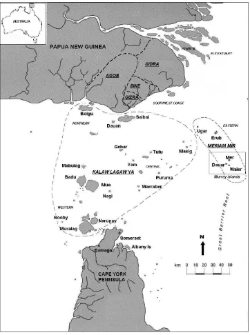 Figure 2.2 Map of Torres Strait showing contemporary island  names and language divisions 