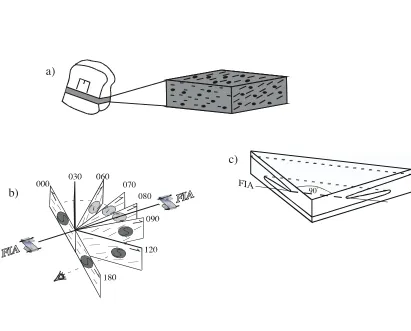 Figure 3. a) Sketches of the oriented rock sample marked and cut into a