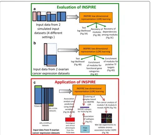 Fig. 2 Overview of the evaluation and application of INSPIRE procedure. INSPIRE takes as input K ≥2 datasets, and the method is an iterativeprocedure that determines the assignment of the genes to modules, the features each corresponding to a module, and t