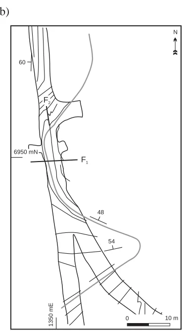 Figure 9: Mapped bedding shows F folds on the 15 level. Thick grey lines are interpreted bedding surfaces.a)NeartheS61NWXC.b)L61NDR.AtthislocalitythelargeF foldisoverprintedbyF folds.112