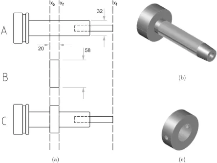 Fig. 7. The design solution for a mass-tuned tool-holder. (a) Engineering drawing with collar dimensions in mm; (b) tunable tool holder 3D view; (c) adjustable collar 3D view.