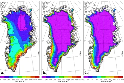 Fig. 3. Period (1958–2008) averaged anual sums of (a) snowfall (C) (b) melt (M), and (c) rain as modelled in RACMO2