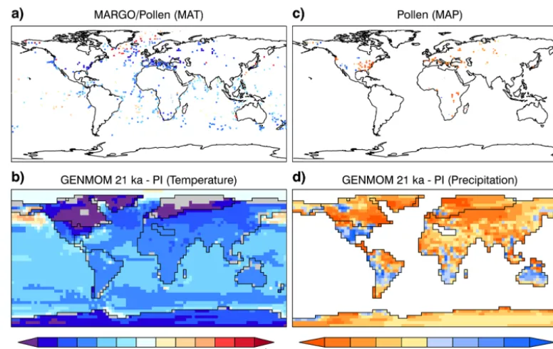 Figure 14. Changes in 21 ka mean annual temperature (MAT) and precipitation (MAP) inferred from data and simulated by GENMOM.et al